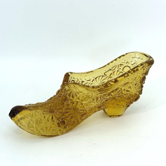 Fenton Shoes - Vintage Amber Daisy & Button Glass Shoe Slipper Heeled Boot‎ Collectible 4.5"